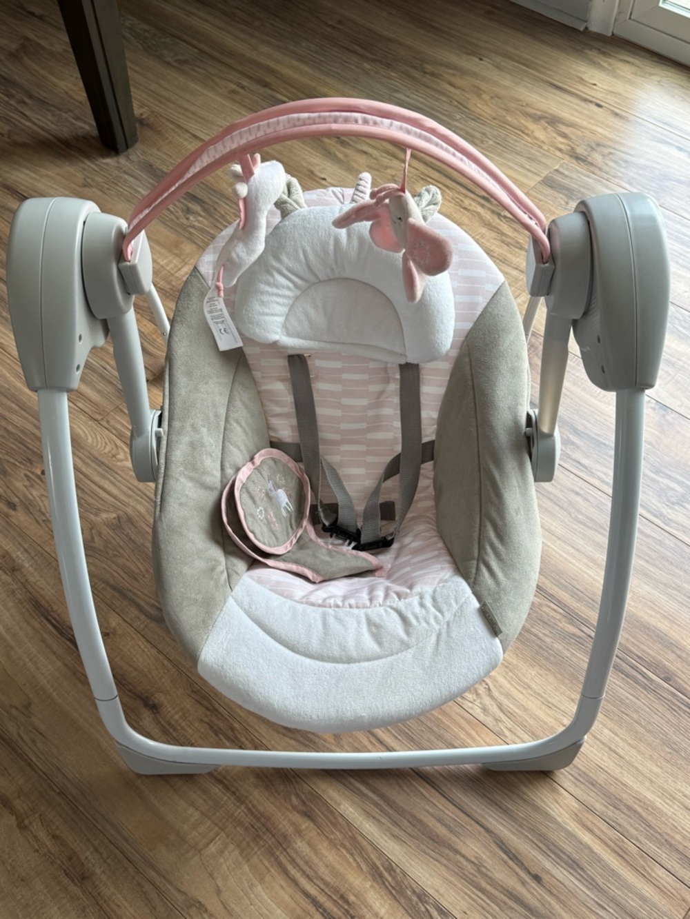 Pink and Beige Baby Swing Seat with Plush Unicorn Toy